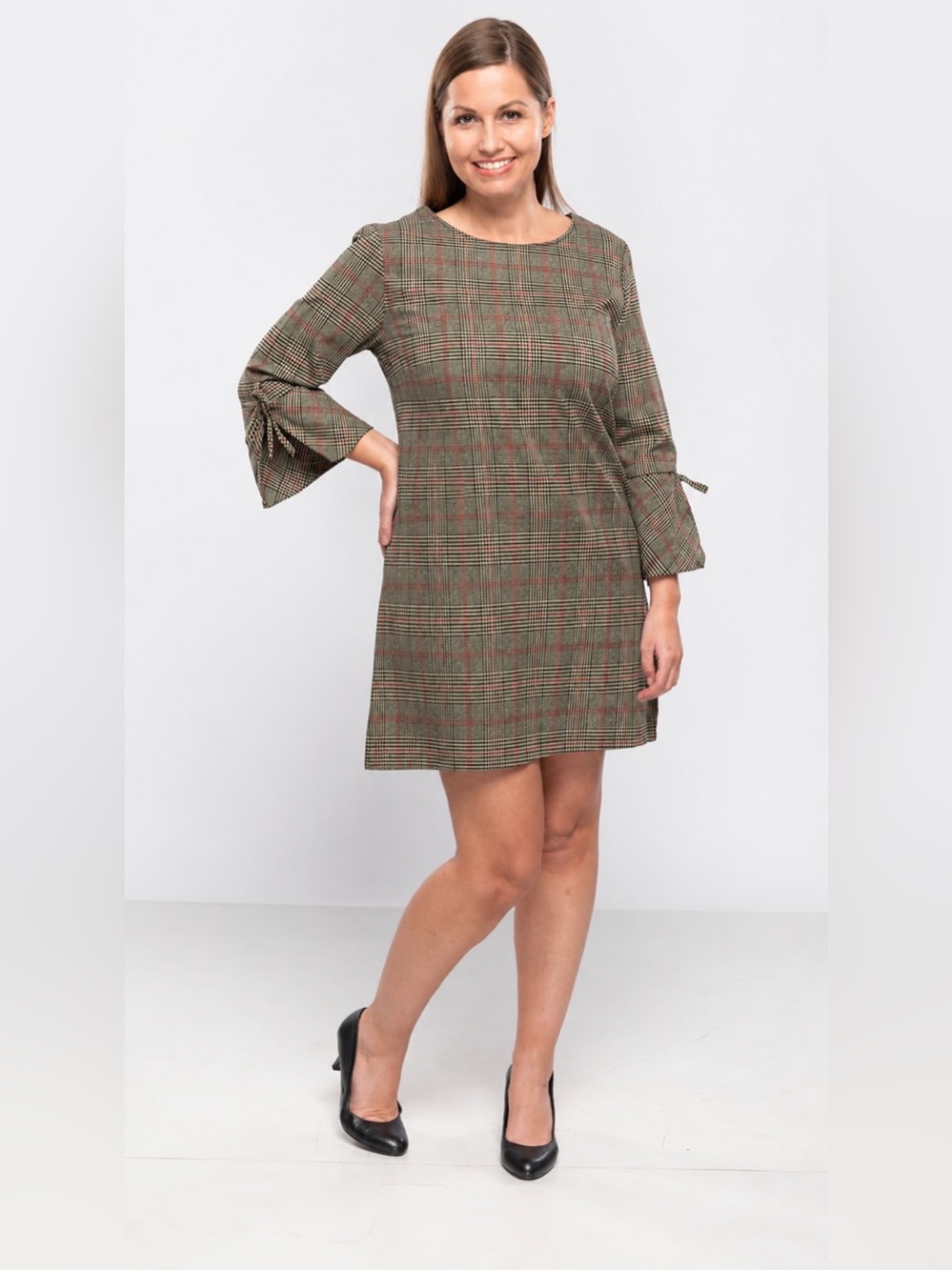 Classic Plaid Bell Sleeve Shift Dress with Tie Sleeve Detail